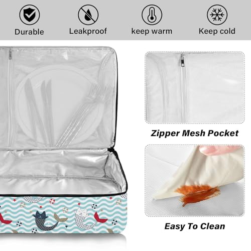 Kcldeci Insulated Thermal Food Carrier Insulated Casserole Carrier for Hot or Cold Food,Cute Cat Mermaid Insulated Tote Bag for Potluck Cookouts Parties Picnic,Lasagna Lugger