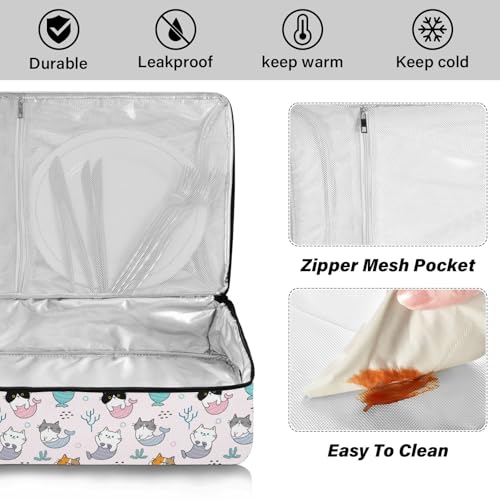 Kcldeci Insulated Thermal Food Carrier Insulated Casserole Carrier for Hot or Cold Food,Cartoon Mermaid Cat Insulated Tote Bag for Potluck Cookouts Parties Picnic,Lasagna Lugger