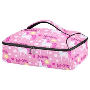 kcldeci insulated thermal food carrier insulated casserole carrier for hot or cold food,white unicorns on a pink insulated tote bag for potluck cookouts parties picnic,lasagna lugger