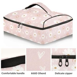 Kcldeci Insulated Thermal Food Carrier Insulated Casserole Carrier for Hot or Cold Food,Daisy Flower Hearts and Rainbows on Pink Insulated Tote Bag for Potluck Cookouts Parties Picnic,Lasagna Lugger