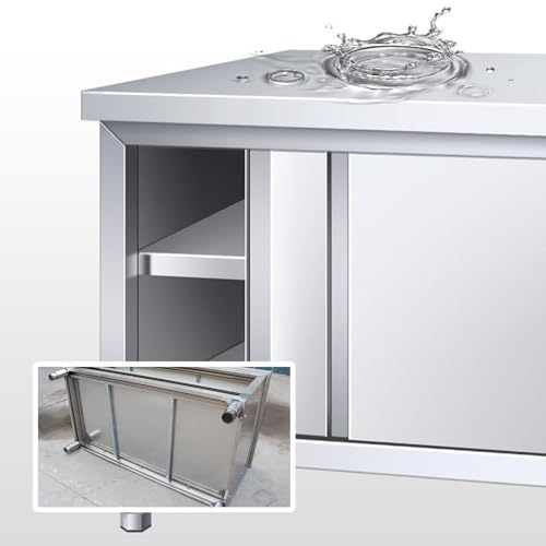 Double Pass Four Sliding Door Workbench Commercial Stainless Steel Preparation Table Not Easy to Rust Large Space Storage Cabinet Kitchen Chopping Table Stable and Not Shaking