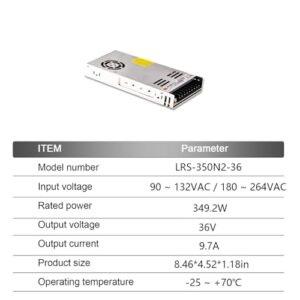 TorqCali LRS-350N2-36 350W Single Output Power Supply 36V 9.7A, Universal AC Input, Industrial Grade, for Automation Control, Industrial Equipment, and LED Lighting