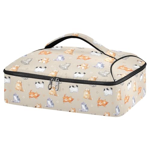 Kcldeci Insulated Thermal Food Carrier Insulated Casserole Carrier for Hot or Cold Food,Cute Cat Light Brown Insulated Tote Bag for Potluck Cookouts Parties Picnic,Lasagna Lugger