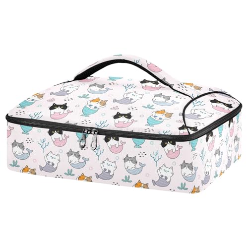 Kcldeci Insulated Thermal Food Carrier Insulated Casserole Carrier for Hot or Cold Food,Cartoon Mermaid Cat Insulated Tote Bag for Potluck Cookouts Parties Picnic,Lasagna Lugger