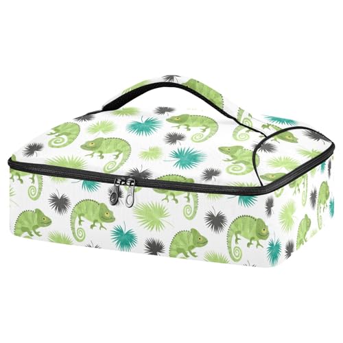 Kcldeci Insulated Thermal Food Carrier Insulated Casserole Carrier for Hot or Cold Food,Tropical Chameleons and Palm Leaves Insulated Tote Bag for Potluck Cookouts Parties Picnic,Lasagna Lugger