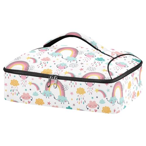 Kcldeci Insulated Thermal Food Carrier Insulated Casserole Carrier for Hot or Cold Food,Rainbow and Clouds with Rain Drops Insulated Tote Bag for Potluck Cookouts Parties Picnic,Lasagna Lugger