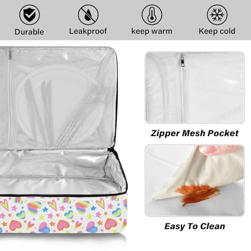 Kcldeci Insulated Thermal Food Carrier Insulated Casserole Carrier for Hot or Cold Food,Heart Star Rainbow Hearts Insulated Tote Bag for Potluck Cookouts Parties Picnic,Lasagna Lugger