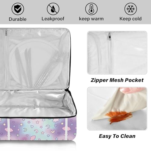 Kcldeci Insulated Thermal Food Carrier Insulated Casserole Carrier for Hot or Cold Food,Clouds Moon Stars Unicorn Rainbow Insulated Tote Bag for Potluck Cookouts Parties Picnic,Lasagna Lugger