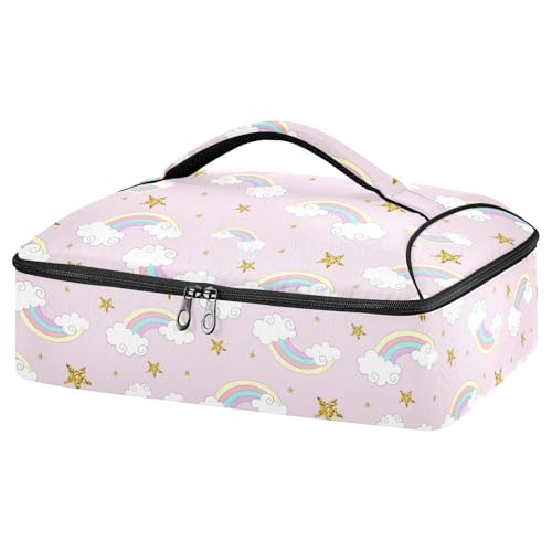 Kcldeci Insulated Thermal Food Carrier Insulated Casserole Carrier for Hot or Cold Food,Cute Cartoon Rainbow Golden Sparkle Stars Insulated Tote Bag for Potluck Cookouts Parties Picnic,Lasagna Lugger