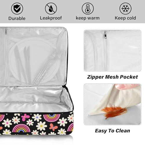 Kcldeci Insulated Thermal Food Carrier Insulated Casserole Carrier for Hot or Cold Food,Daisy Flower Rainbow and Butterfly Insulated Tote Bag for Potluck Cookouts Parties Picnic,Lasagna Lugger