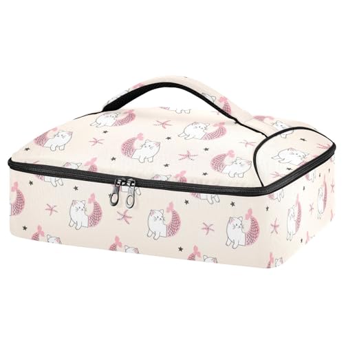 Kcldeci Insulated Thermal Food Carrier Insulated Casserole Carrier for Hot or Cold Food,Cartoon Cat Mermaid Insulated Tote Bag for Potluck Cookouts Parties Picnic,Lasagna Lugger