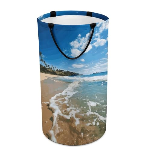 Laundry Basket Hamper Waterproof Dirty Clothes Hamper Clear Sky Wave Beach Collapsible Washing Bin Clothes Bag with Handles Freestanding Laundry Hamper for Bathroom Bedroom Dorm Travel