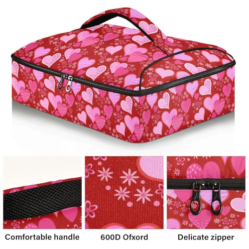 Kcldeci Insulated Thermal Food Carrier Insulated Casserole Carrier for Hot or Cold Food,Red Heart Valentin's Day Insulated Tote Bag for Potluck Cookouts Parties Picnic,Lasagna Lugger