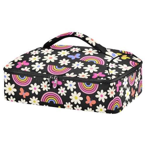 Kcldeci Insulated Thermal Food Carrier Insulated Casserole Carrier for Hot or Cold Food,Daisy Flower Rainbow and Butterfly Insulated Tote Bag for Potluck Cookouts Parties Picnic,Lasagna Lugger