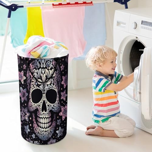 Laundry Basket Hamper Waterproof Dirty Clothes Hamper Cool Skull Collapsible Washing Bin Clothes Bag with Handles Freestanding Laundry Hamper for Bathroom Bedroom Dorm Travel