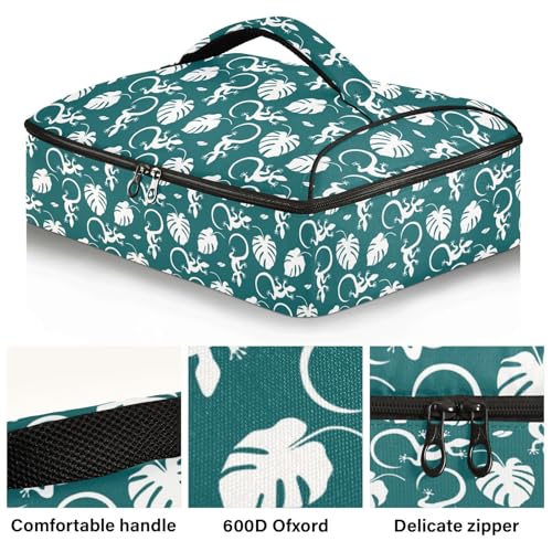 Kcldeci Insulated Thermal Food Carrier Insulated Casserole Carrier for Hot or Cold Food,Tropical Monstera Leaves Lizard Insulated Tote Bag for Potluck Cookouts Parties Picnic,Lasagna Lugger