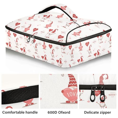 Kcldeci Insulated Thermal Food Carrier Insulated Casserole Carrier for Hot or Cold Food,Loving Hearts with Cute Gnome Insulated Tote Bag for Potluck Cookouts Parties Picnic,Lasagna Lugger