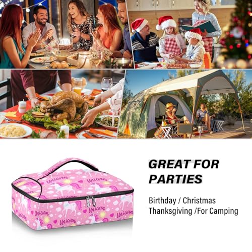 Kcldeci Insulated Thermal Food Carrier Insulated Casserole Carrier for Hot or Cold Food,White Unicorns on A Pink Insulated Tote Bag for Potluck Cookouts Parties Picnic,Lasagna Lugger