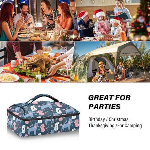 Kcldeci Insulated Thermal Food Carrier Insulated Casserole Carrier for Hot or Cold Food,Poodles on A Blue Insulated Tote Bag for Potluck Cookouts Parties Picnic,Lasagna Lugger