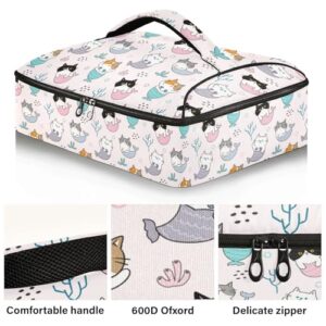 Kcldeci Insulated Thermal Food Carrier Insulated Casserole Carrier for Hot or Cold Food,Cartoon Mermaid Cat Insulated Tote Bag for Potluck Cookouts Parties Picnic,Lasagna Lugger