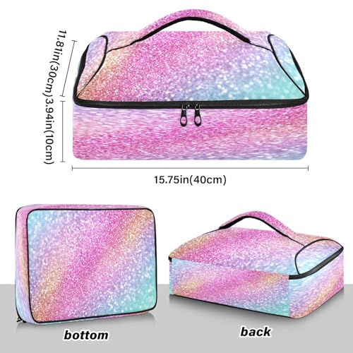 Kcldeci Insulated Thermal Food Carrier Insulated Casserole Carrier for Hot or Cold Food,Fun Rainbowcolor Glitter Sparkle Insulated Tote Bag for Potluck Cookouts Parties Picnic,Lasagna Lugger