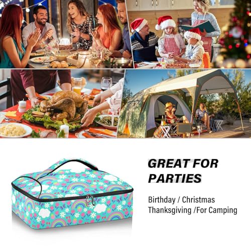 Kcldeci Insulated Thermal Food Carrier Insulated Casserole Carrier for Hot or Cold Food,Floral Fruit Rainbow and Cloud Insulated Tote Bag for Potluck Cookouts Parties Picnic,Lasagna Lugger