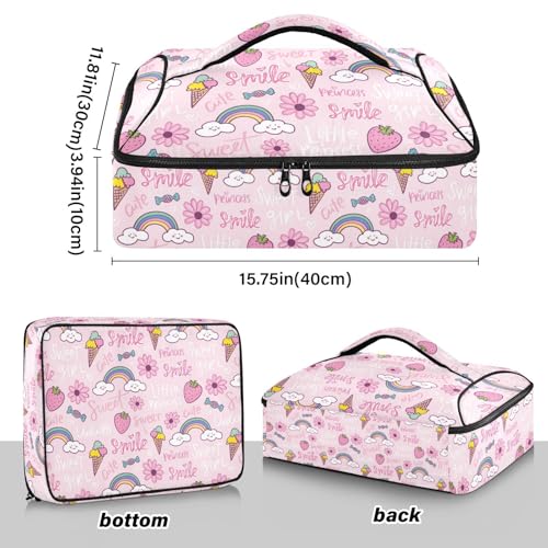 Kcldeci Insulated Thermal Food Carrier Insulated Casserole Carrier for Hot or Cold Food,Cute Cartoon Pink Rainbow Ice Cream Flowers Insulated Tote Bag for Potluck Cookouts Parties Picnic,Lasagna Lugge