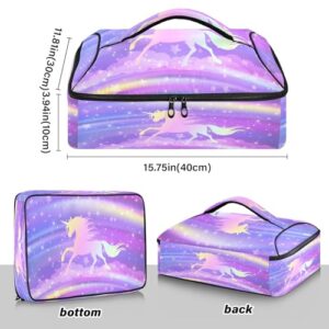 Kcldeci Insulated Thermal Food Carrier Insulated Casserole Carrier for Hot or Cold Food,Rainbow Purple Stars and Unicorn Insulated Tote Bag for Potluck Cookouts Parties Picnic,Lasagna Lugger