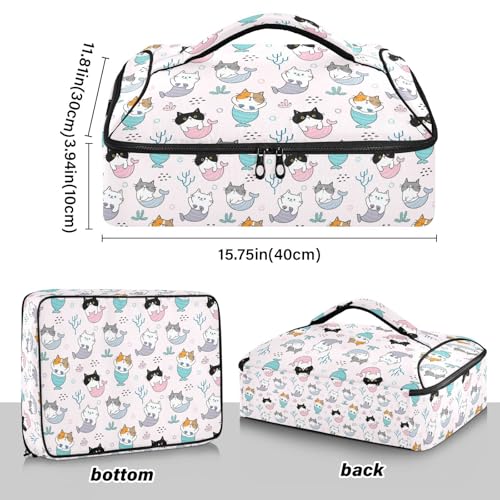 Kcldeci Insulated Thermal Food Carrier Insulated Casserole Carrier for Hot or Cold Food,Cartoon Mermaid Cat Insulated Tote Bag for Potluck Cookouts Parties Picnic,Lasagna Lugger