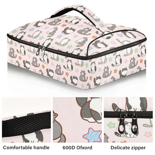 Kcldeci Insulated Thermal Food Carrier Insulated Casserole Carrier for Hot or Cold Food,Cartoon Cat and Star Pink Insulated Tote Bag for Potluck Cookouts Parties Picnic,Lasagna Lugger