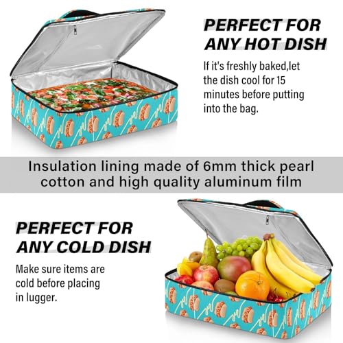 Kcldeci Insulated Thermal Food Carrier Insulated Casserole Carrier for Hot or Cold Food,Pattern Of Hotdogs Insulated Tote Bag for Potluck Cookouts Parties Picnic,Lasagna Lugger