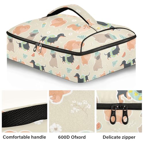 Kcldeci Insulated Thermal Food Carrier Insulated Casserole Carrier for Hot or Cold Food,Pug and Corgi on Summer Insulated Tote Bag for Potluck Cookouts Parties Picnic,Lasagna Lugger