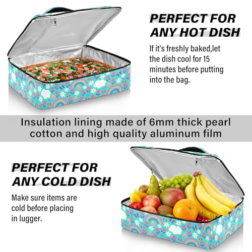 Kcldeci Insulated Thermal Food Carrier Insulated Casserole Carrier for Hot or Cold Food,Floral Fruit Rainbow and Cloud Insulated Tote Bag for Potluck Cookouts Parties Picnic,Lasagna Lugger