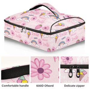 Kcldeci Insulated Thermal Food Carrier Insulated Casserole Carrier for Hot or Cold Food,Cute Cartoon Pink Rainbow Ice Cream Flowers Insulated Tote Bag for Potluck Cookouts Parties Picnic,Lasagna Lugge