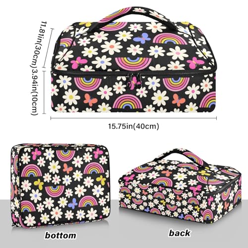 Kcldeci Insulated Thermal Food Carrier Insulated Casserole Carrier for Hot or Cold Food,Daisy Flower Rainbow and Butterfly Insulated Tote Bag for Potluck Cookouts Parties Picnic,Lasagna Lugger