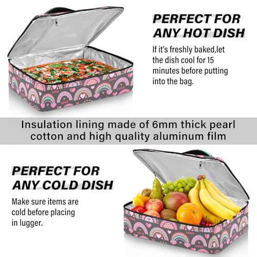 Kcldeci Insulated Thermal Food Carrier Insulated Casserole Carrier for Hot or Cold Food,Rainbows and Hearts Insulated Tote Bag for Potluck Cookouts Parties Picnic,Lasagna Lugger