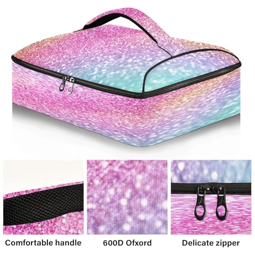 Kcldeci Insulated Thermal Food Carrier Insulated Casserole Carrier for Hot or Cold Food,Fun Rainbowcolor Glitter Sparkle Insulated Tote Bag for Potluck Cookouts Parties Picnic,Lasagna Lugger