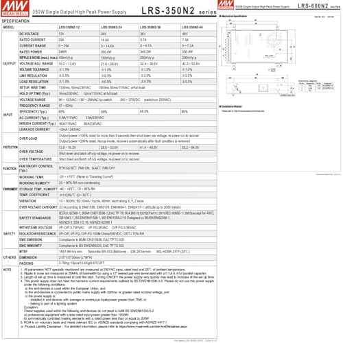 TorqCali LRS-350N2-36 350W Single Output Power Supply 36V 9.7A, Universal AC Input, Industrial Grade, for Automation Control, Industrial Equipment, and LED Lighting