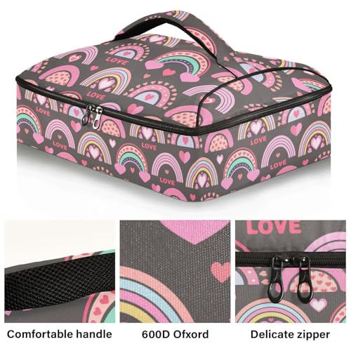 Kcldeci Insulated Thermal Food Carrier Insulated Casserole Carrier for Hot or Cold Food,Rainbows and Hearts Insulated Tote Bag for Potluck Cookouts Parties Picnic,Lasagna Lugger