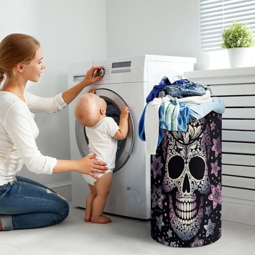 Laundry Basket Hamper Waterproof Dirty Clothes Hamper Cool Skull Collapsible Washing Bin Clothes Bag with Handles Freestanding Laundry Hamper for Bathroom Bedroom Dorm Travel