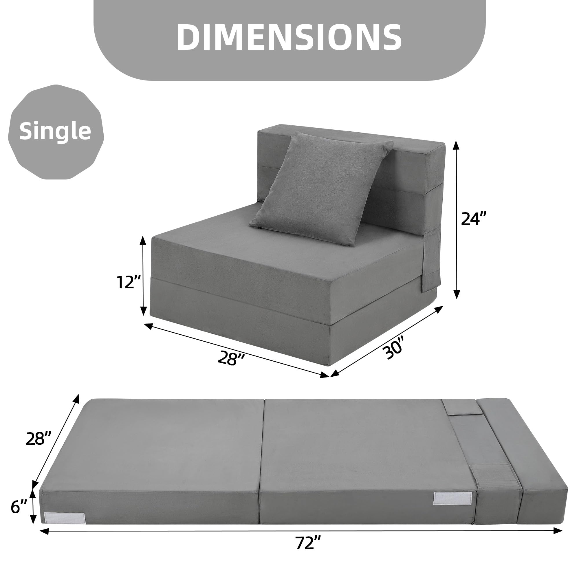 GarveeHome Folding Sofa Bed with Pillow, Convertible Sleeper Chair, Modern Futon Floor Couch, Foldable Memory Foam Chair Bed, Lazy Guest Bed for Living Room, Home Office, Gray