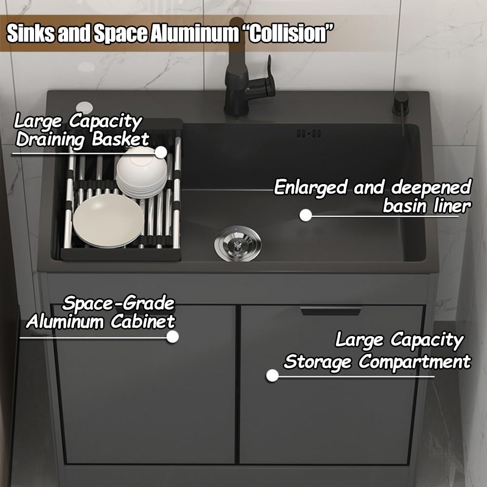 Commercial Kitchen Sink 304 Stainless Steel Utility Sink With Cabinet, Outdoor Free Standing Sink With Utility Faucet, Drain Basket ＆ Draining Rack, Portable Can Be Moved Independently