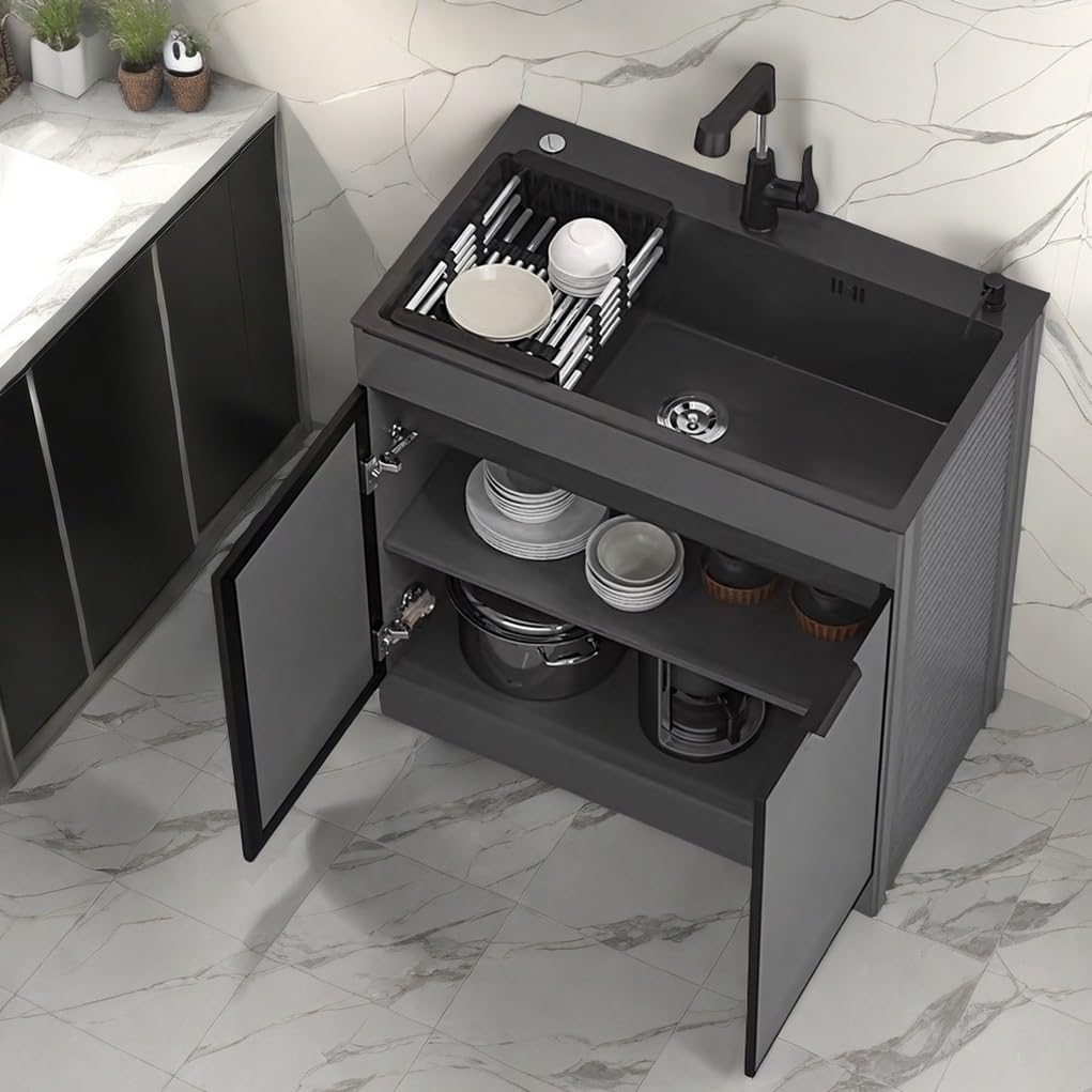 Commercial Kitchen Sink 304 Stainless Steel Utility Sink With Cabinet, Outdoor Free Standing Sink With Utility Faucet, Drain Basket ＆ Draining Rack, Portable Can Be Moved Independently