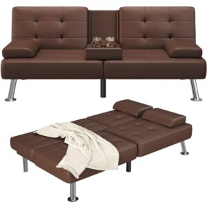 furmax futon sofa bed adjustable futon couch sleeper sofa bed for living room, business office, recliner sofa with cup holders (pu leather, brown)