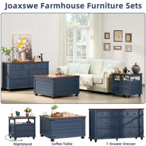 Joaxswe Farmhouse Coffee Table with Hidden Storage,Wood Large Square Center Table for Living Room,Rustic Cocktail Tables with Flip-Top Lids, Farm House Tables with Wooden Gourd Feet,Navy Blue