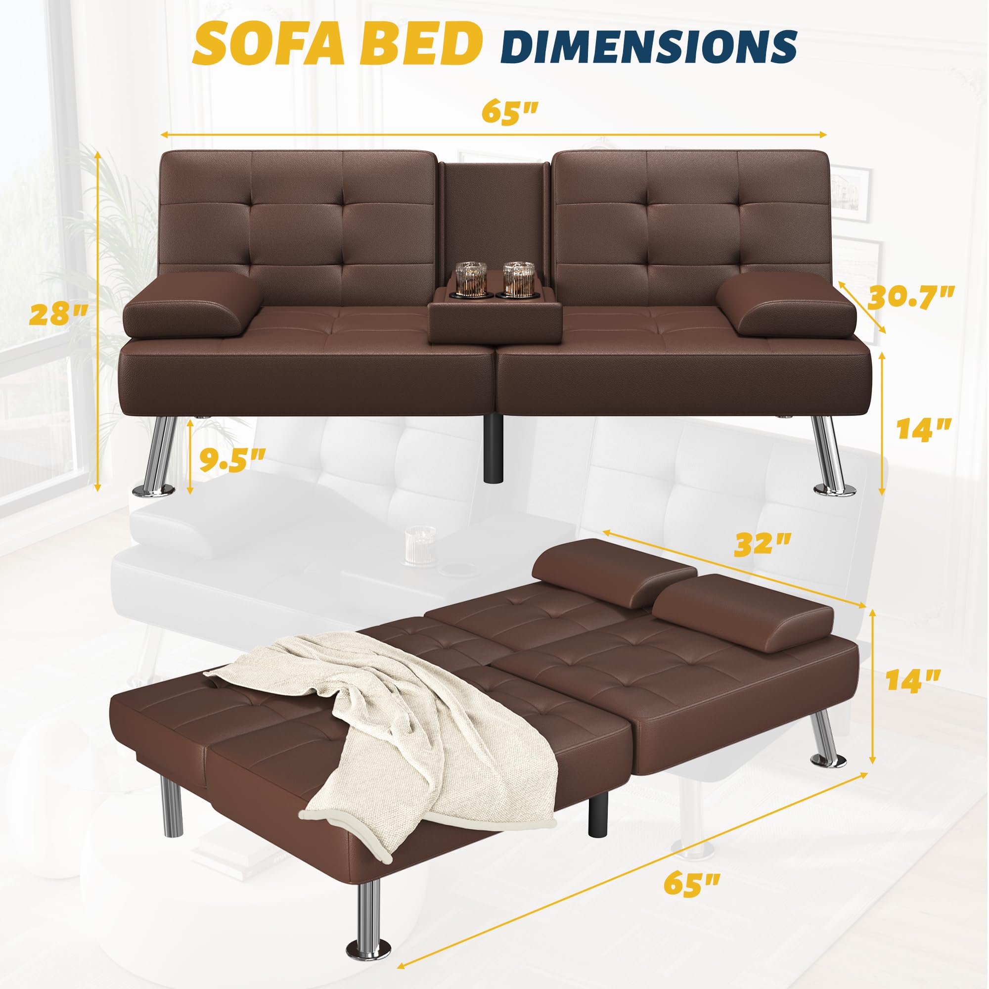 Furmax Futon Sofa Bed Adjustable Futon Couch Sleeper Sofa Bed for Living Room, Business Office, Recliner Sofa with Cup Holders (PU Leather, Brown)