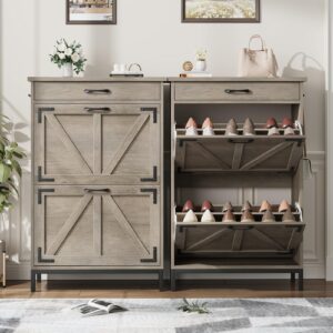 Shoe Cabinet Storage for Entryway Hidden Shoes Storage Cabinet Farmhouse Narrow Shoe Organizer Cabinet with 2 Flip Drawers, Free Standing Slim Shoe Cabinet for Door Entry, Foyer, Hallway, Grey