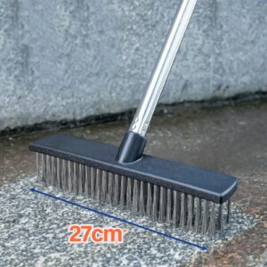 Shulemin Floor Scrub Brush Push Broom Floor Scrubber Cleaning Brush Outdoor Broom Telescopic Handle Long Handle Wire Brush for Cleaning Patio Bathroom Garage Kitchen Wall Deck Tub Tile 27cm