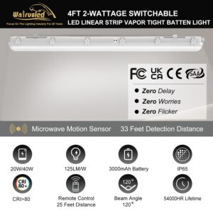 4FT Tri-Level Sensor LED Vapor Tight Emergency Light w/Remote, Battery Backup IP65 40W 5000lm Waterproof LED Outdoor Shop Light, 5000K, 100-277V, 0-10V Dimmable 4 Foot Carport Vapor Proof Fixture, FCC