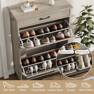 Shoe Cabinet Storage for Entryway Hidden Shoes Storage Cabinet Farmhouse Narrow Shoe Organizer Cabinet with 2 Flip Drawers, Free Standing Slim Shoe Cabinet for Door Entry, Foyer, Hallway, Grey